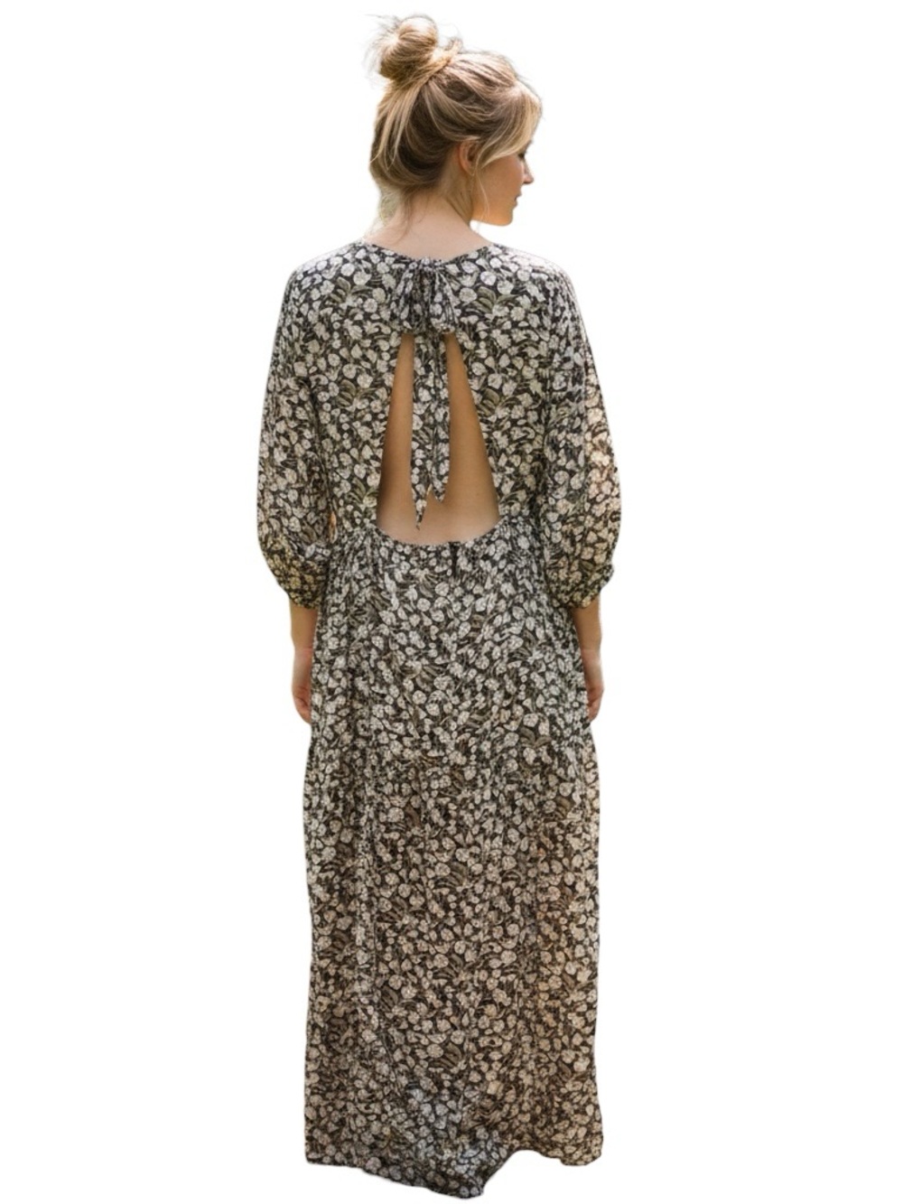 En Saison Womens Floral Dress Green White Open Back Maxi Size XL Spring Summer